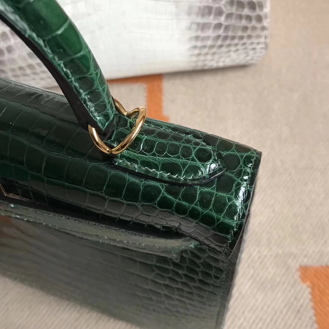 Elegant Hermes CK67 Vert Fonce Shiny Crocodile Leather Kelly28CM Bag Gold Hardware
