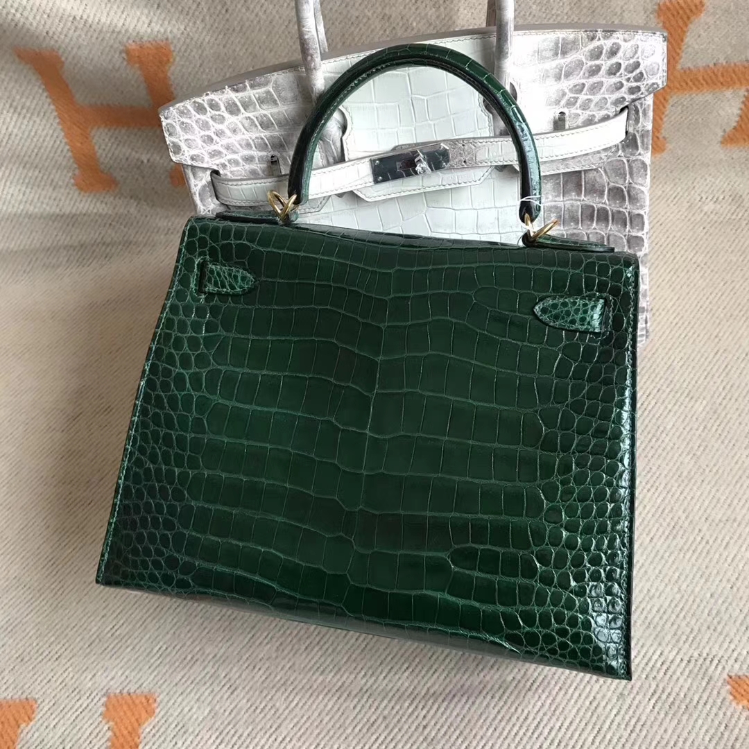 Elegant Hermes CK67 Vert Fonce Shiny Crocodile Leather Kelly28CM Bag Gold Hardware