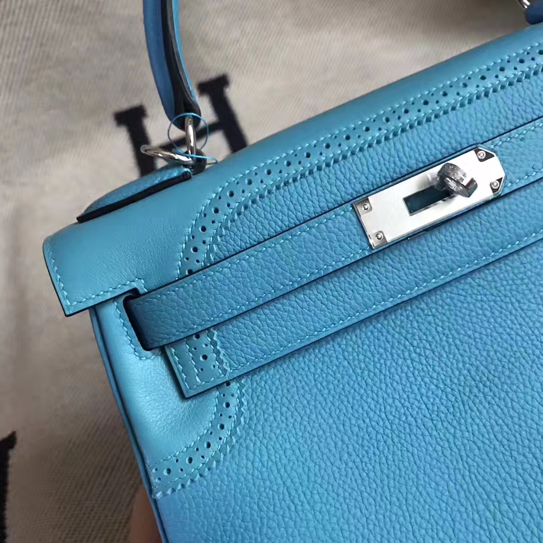 New Arrival Hermes 7B Turquoise Blue Togo Calfskin Ghillies Kelly Bag28CM