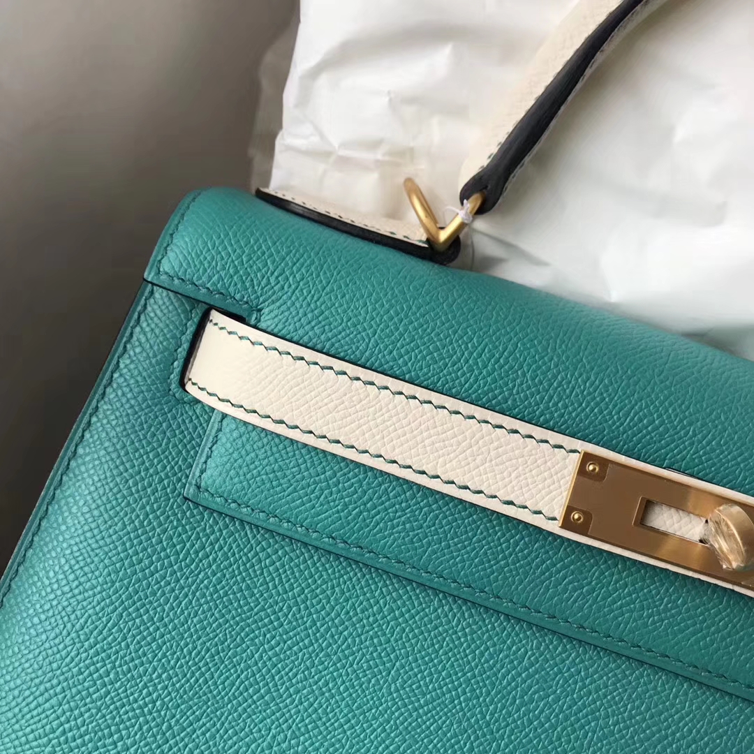 Noble Hermes 7F Blue Paon & CK10 Craie Epsom Calfskin Kelly28CM Tote Bag
