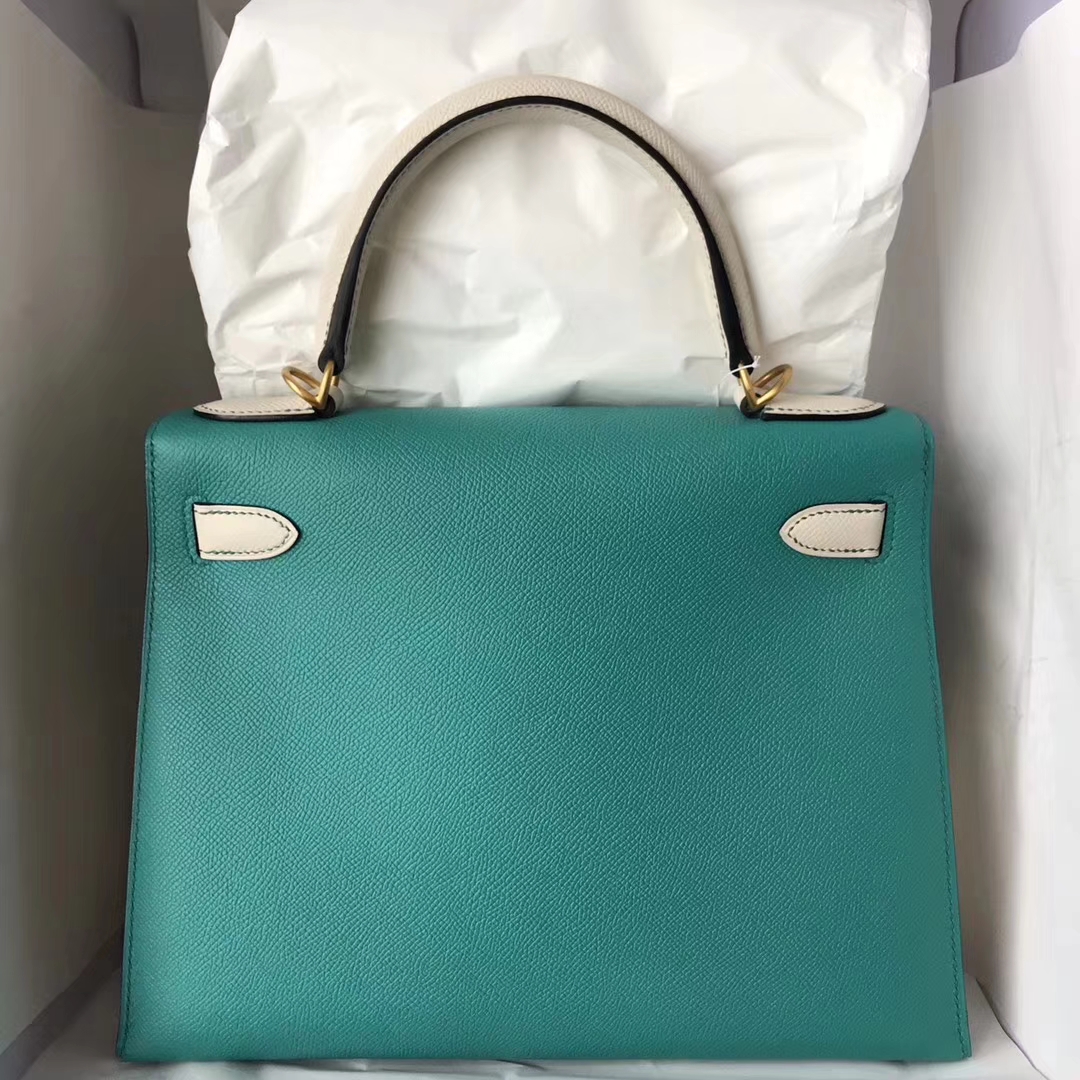 Noble Hermes 7F Blue Paon & CK10 Craie Epsom Calfskin Kelly28CM Tote Bag