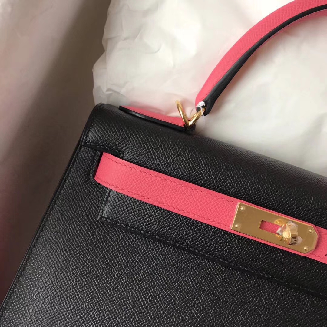 Wholesale Hermes CK89 Black &#038; 8W Rose Lipstick Epsom Calfskin Kelly Bag28CM