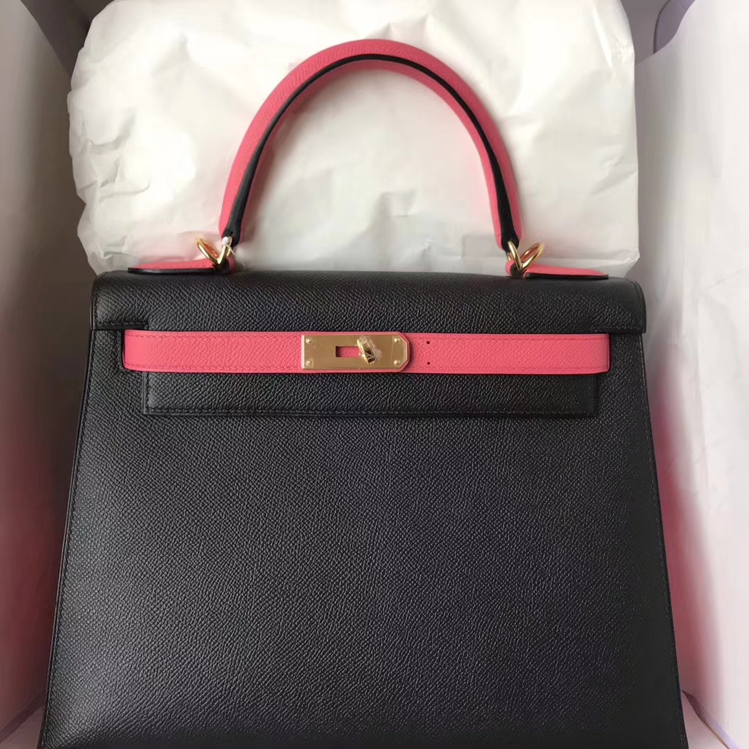 Wholesale Hermes CK89 Black &#038; 8W Rose Lipstick Epsom Calfskin Kelly Bag28CM