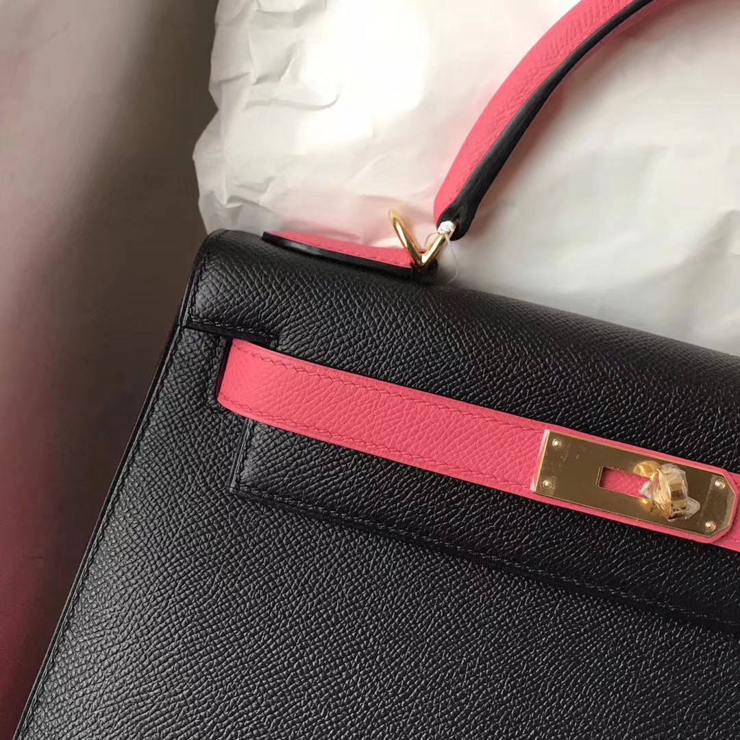 Wholesale Hermes CK89 Black &#038; 8W Rose Lipstick Epsom Calfskin Kelly Bag28CM