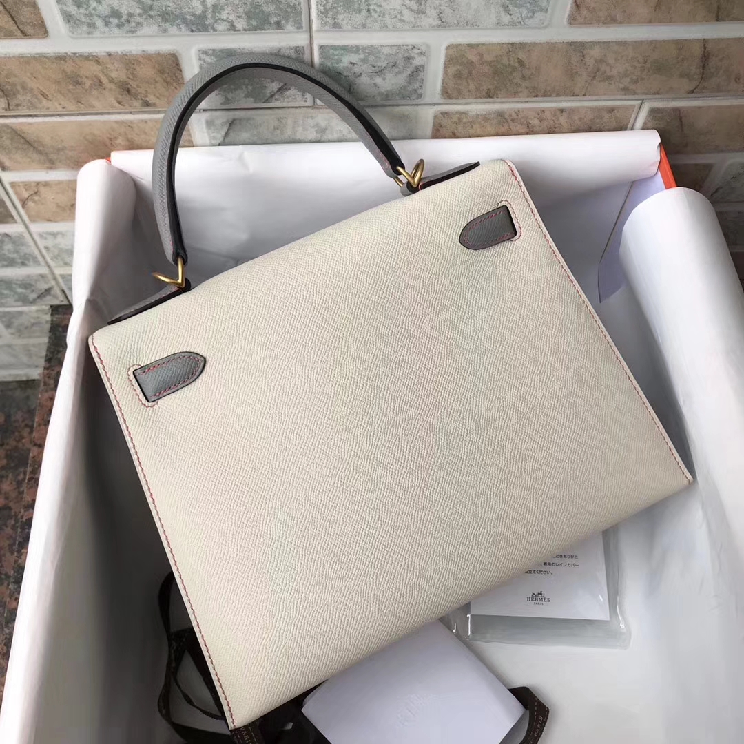 New Arrival Hermes  01 Craie &#038; 8F Etain Epsom Calfskin Kelly Bag28CM Gold Hardwae