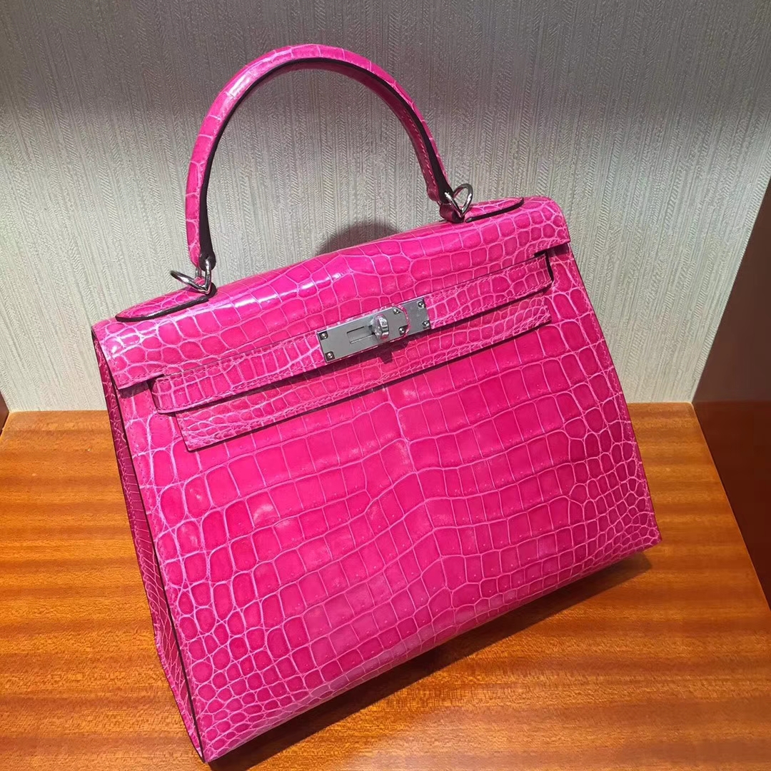 Hand Stitching Hermes J5 Rose Scheherazade Crocodile Shiny Kelly28CM Bag