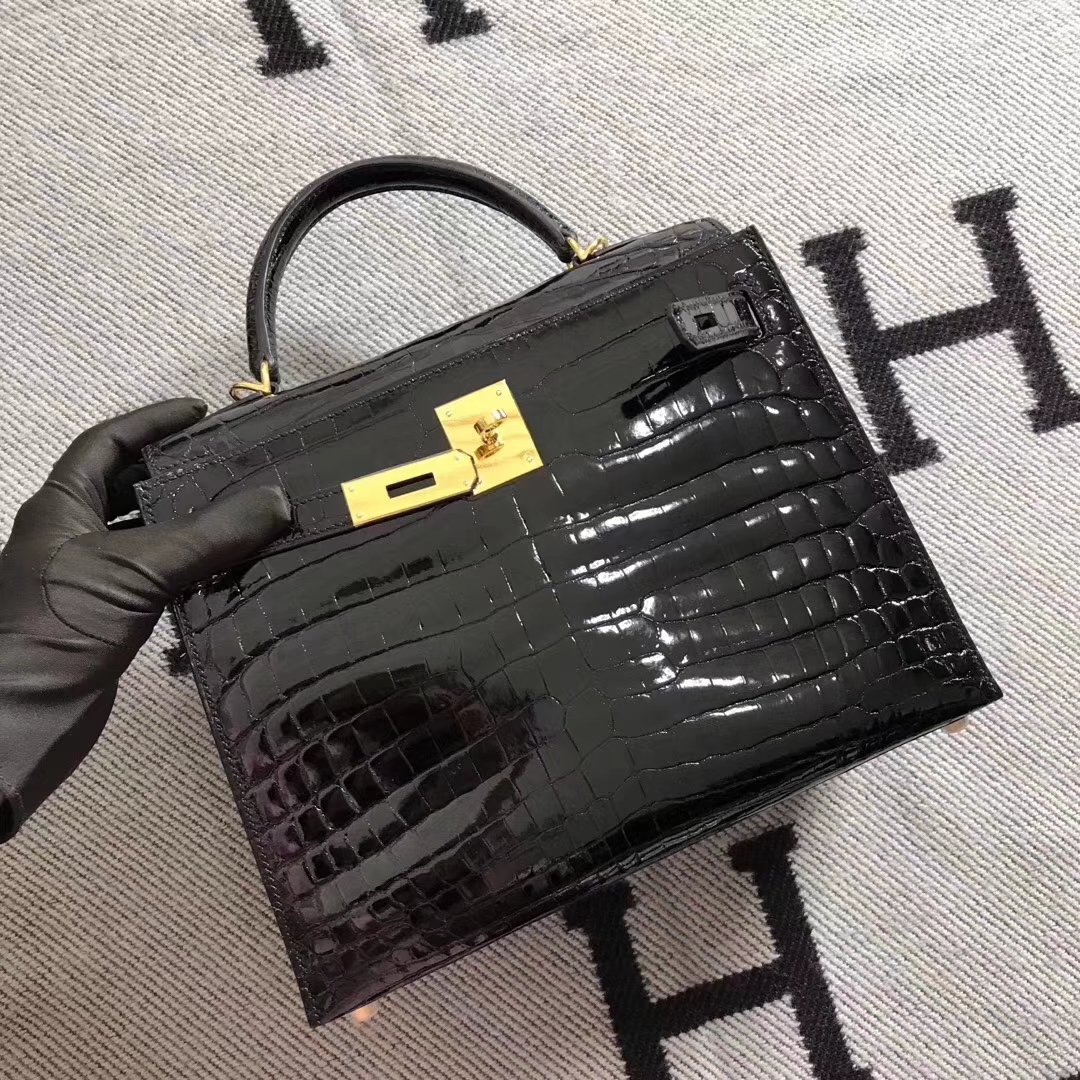 Noble Hermes CK89 Black Niloticus Shiny Crocodile Kelly28CM Bag Gold Hardware