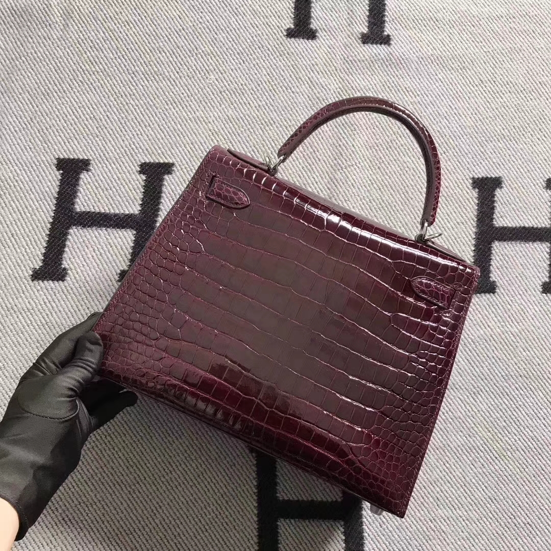 Discount Hermes Bordeaux Shiny Crocodile Leather Kelly28CM Bag Silver Hardware
