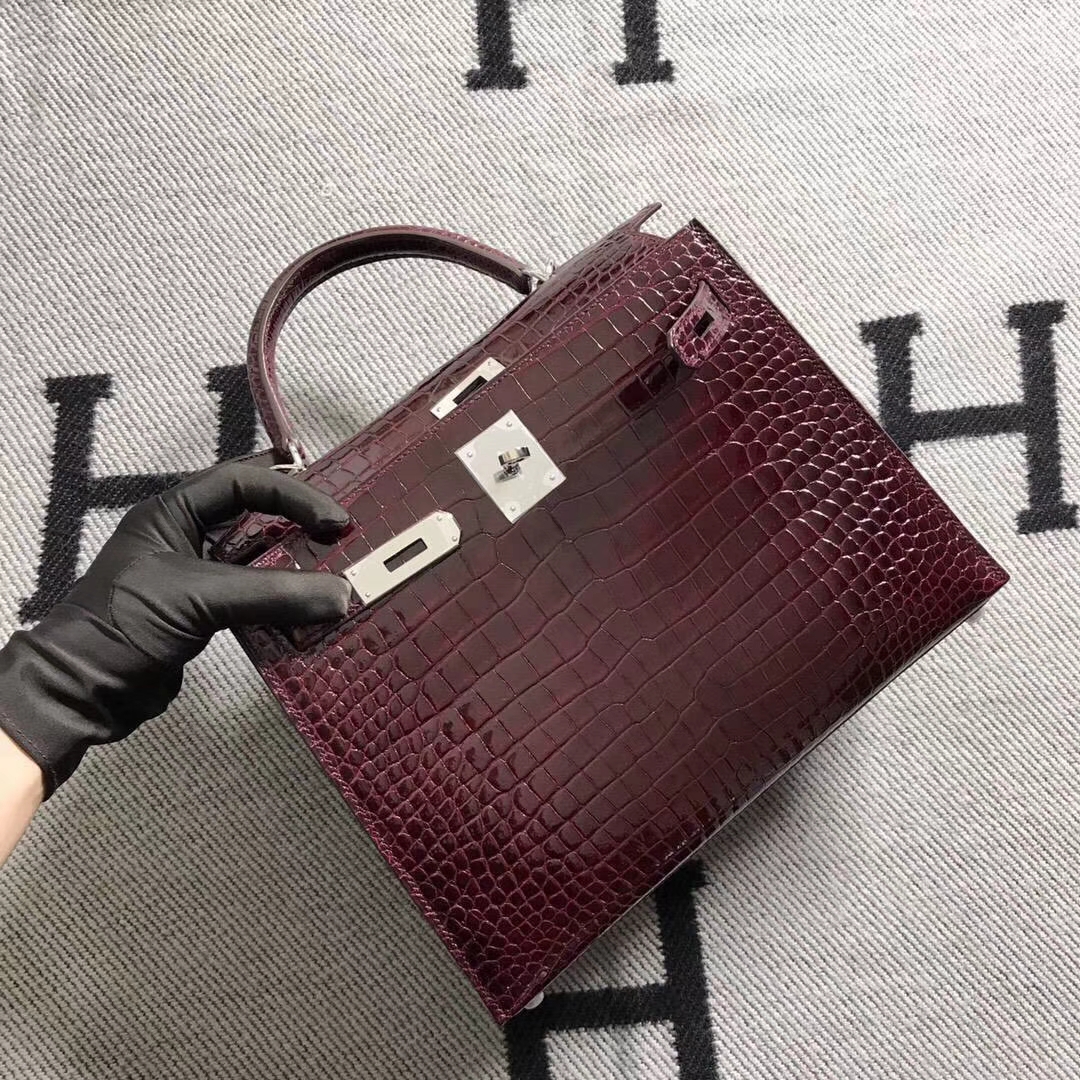 Discount Hermes Bordeaux Shiny Crocodile Leather Kelly28CM Bag Silver Hardware