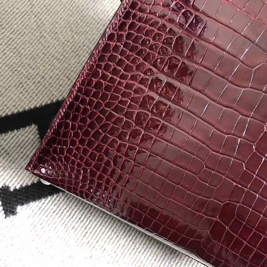 Discount Hermes Bordeaux Shiny Crocodile Leather Kelly28CM Bag Silver Hardware