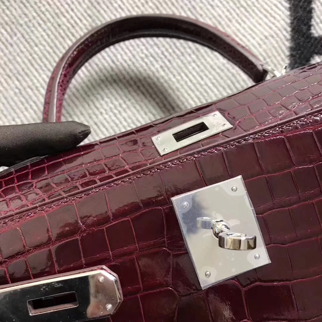 Discount Hermes Bordeaux Shiny Crocodile Leather Kelly28CM Bag Silver Hardware