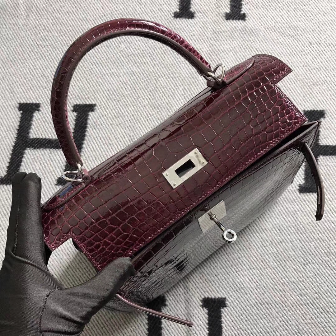 Discount Hermes Bordeaux Shiny Crocodile Leather Kelly28CM Bag Silver Hardware