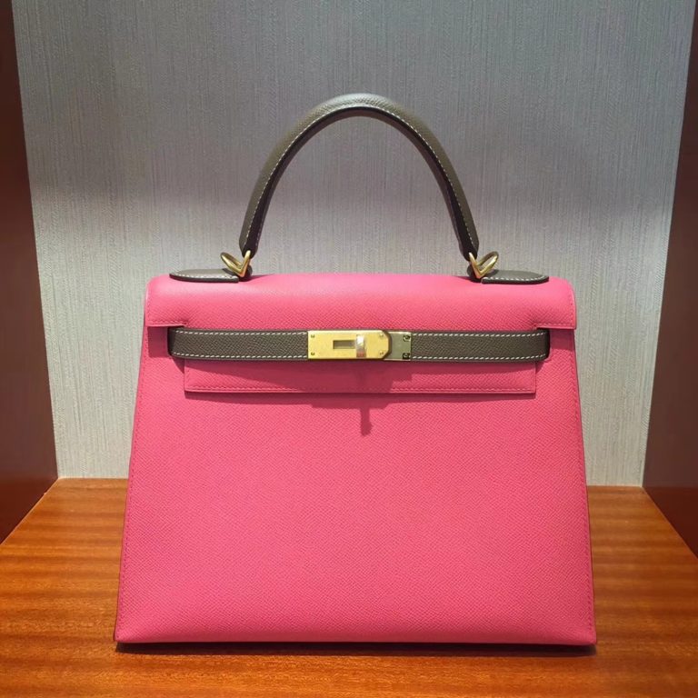 Hermes 8W Rose Azalee & CK 18 Etoupe Grey Epsom Kelly 28CM Bag