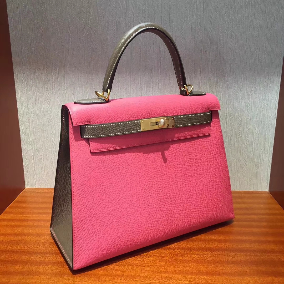 Pretty Hermes 8W Rose Azalee &#038; CK18 Etoupe Grey Epsom Kelly28CM Bag