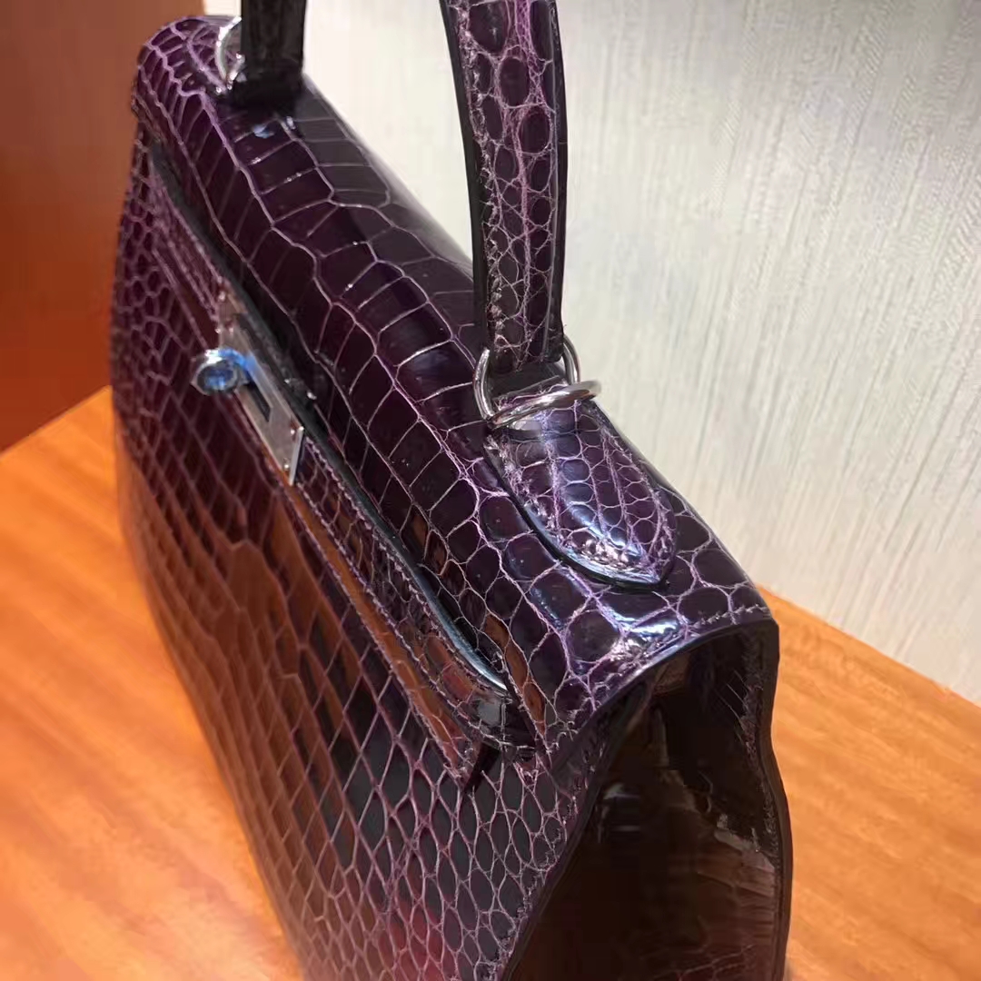 Noble Hermes 3W Dark Purple Porosus Shiny Crocodile Kelly28CM Bag