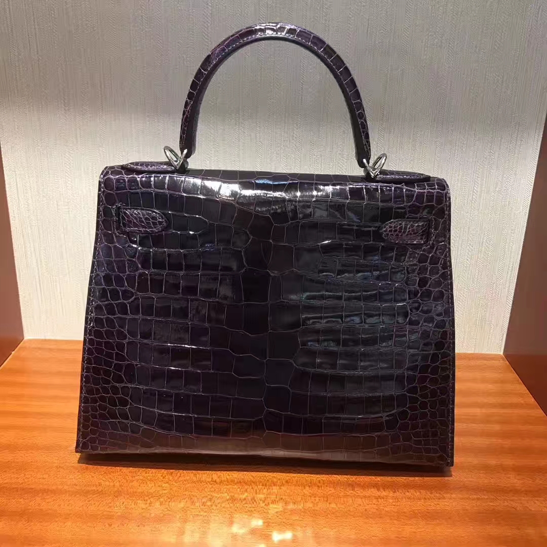 Noble Hermes 3W Dark Purple Porosus Shiny Crocodile Kelly28CM Bag