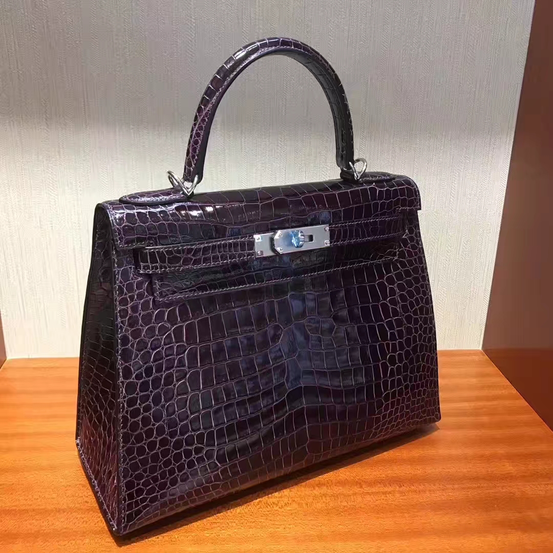 Noble Hermes 3W Dark Purple Porosus Shiny Crocodile Kelly28CM Bag