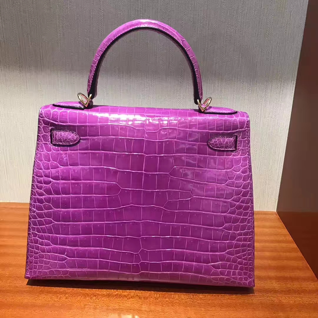 New Arrival Hermes 5C Violet Porosus Shiny Crocodile Kelly Bag28CM Gold Hardware