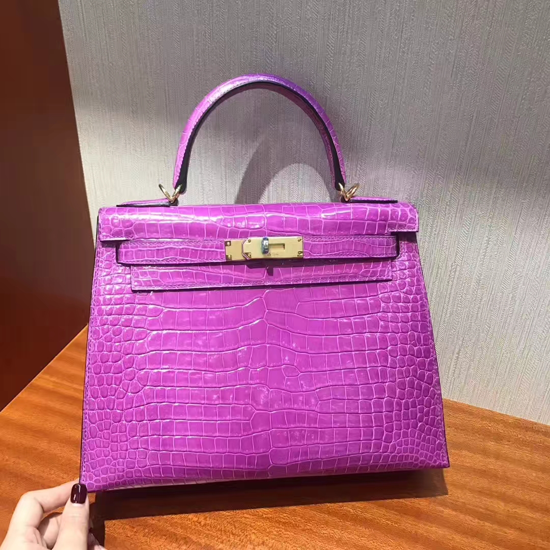 New Arrival Hermes 5C Violet Porosus Shiny Crocodile Kelly Bag28CM Gold Hardware