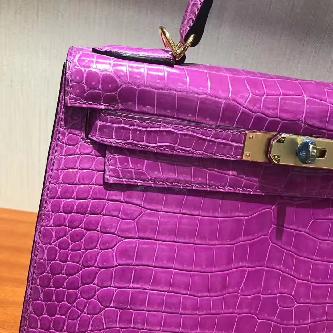 New Arrival Hermes 5C Violet Porosus Shiny Crocodile Kelly Bag28CM Gold Hardware