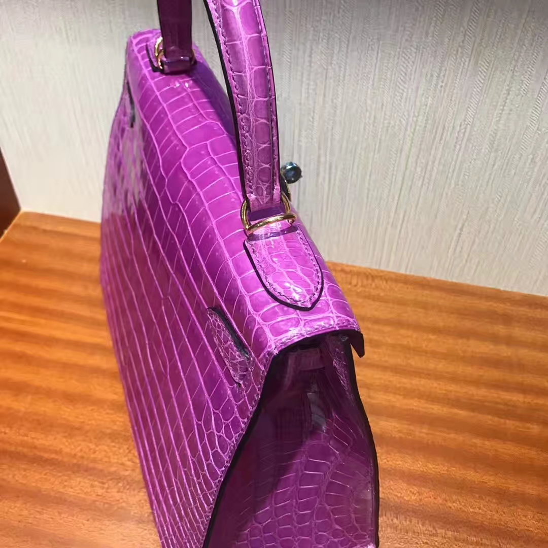 New Arrival Hermes 5C Violet Porosus Shiny Crocodile Kelly Bag28CM Gold Hardware