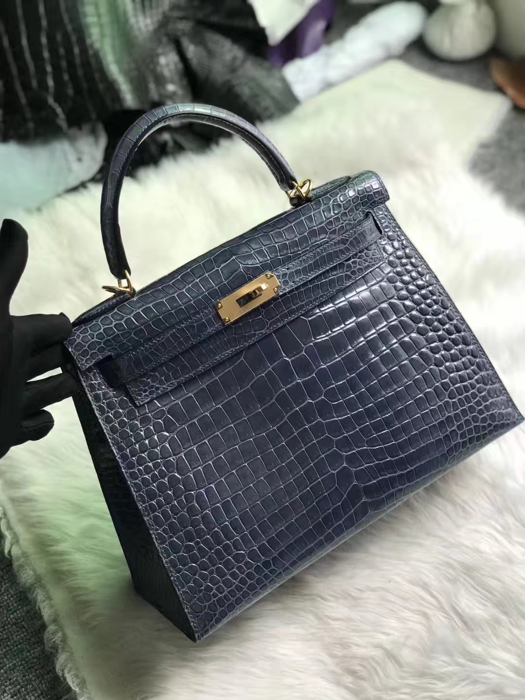 Noble Hermes N7 Blue Tampete Porosus Shiny Crocodile Kelly Bag28CM