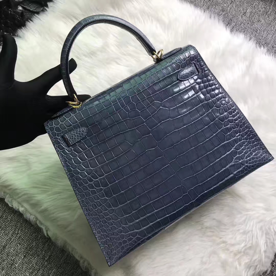 Noble Hermes N7 Blue Tampete Porosus Shiny Crocodile Kelly Bag28CM