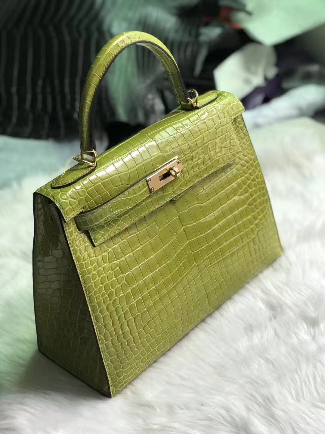 Wholesale Hermes Kiwi Green Porosus Shiny Crocodile Kelly Bag28CM