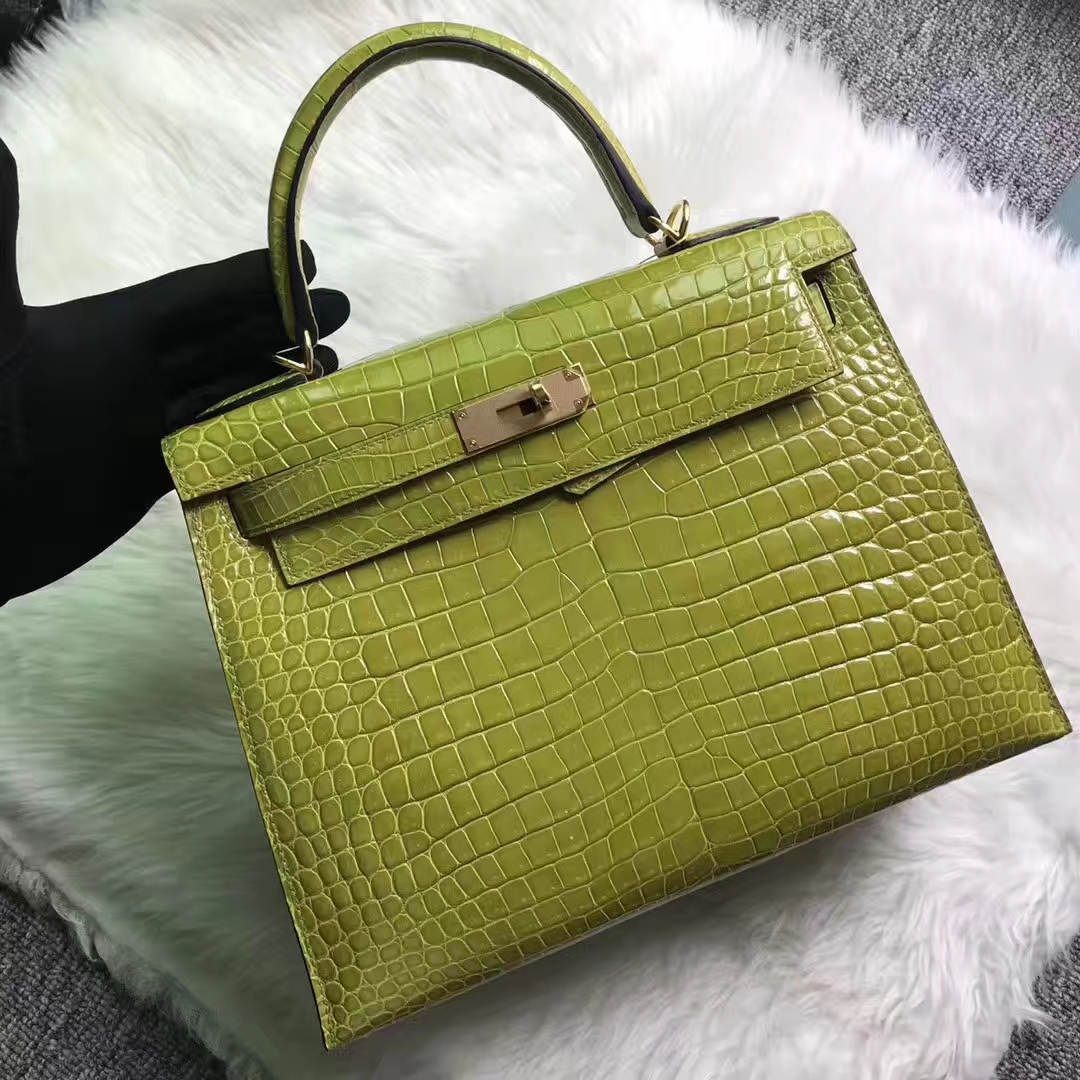 Wholesale Hermes Kiwi Green Porosus Shiny Crocodile Kelly Bag28CM