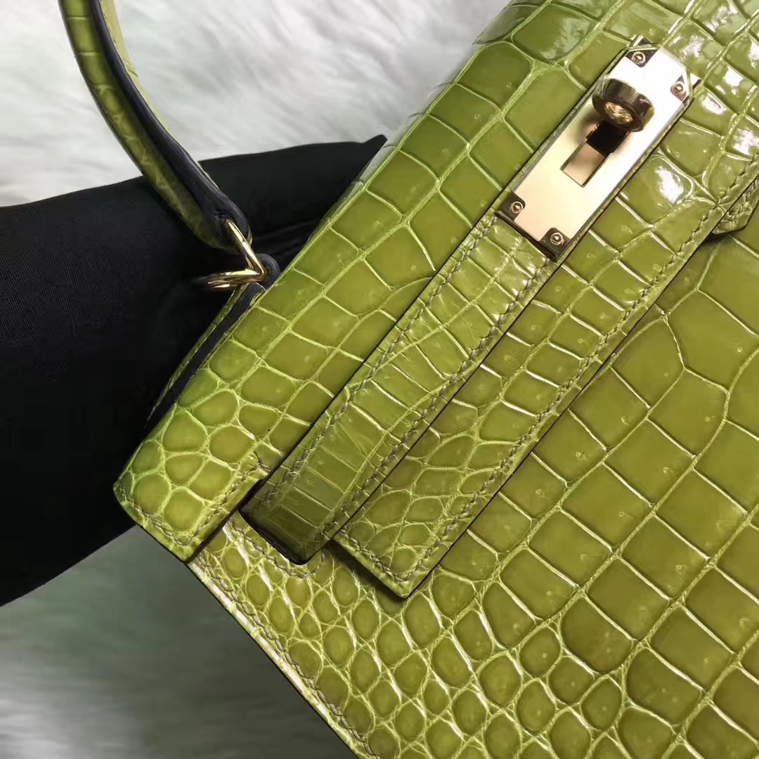 Wholesale Hermes Kiwi Green Porosus Shiny Crocodile Kelly Bag28CM