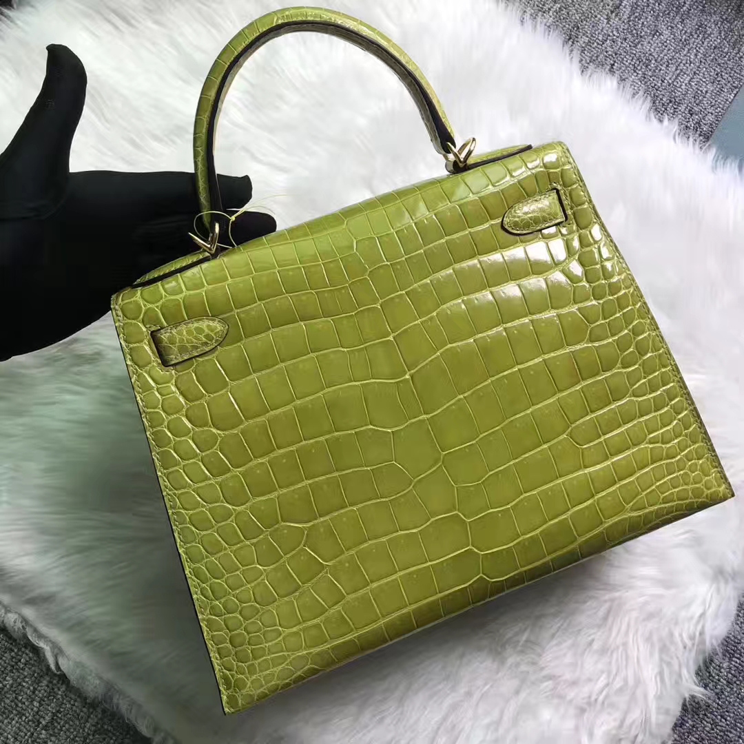 Wholesale Hermes Kiwi Green Porosus Shiny Crocodile Kelly Bag28CM