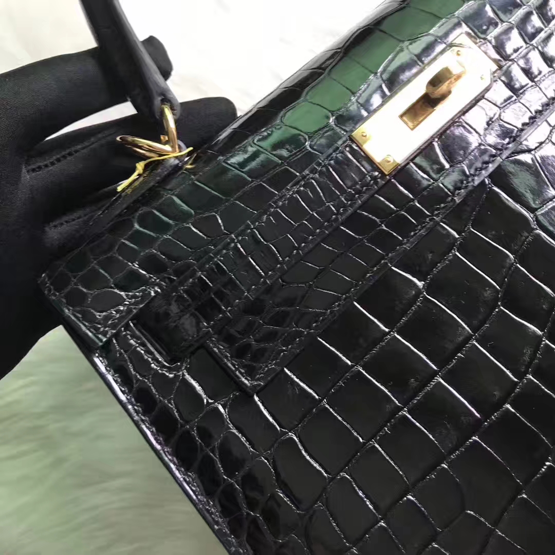 On Sale Hermes CK89 Black Porosus Shiny Crocodile Kelly28CM Bag Gold Hardware