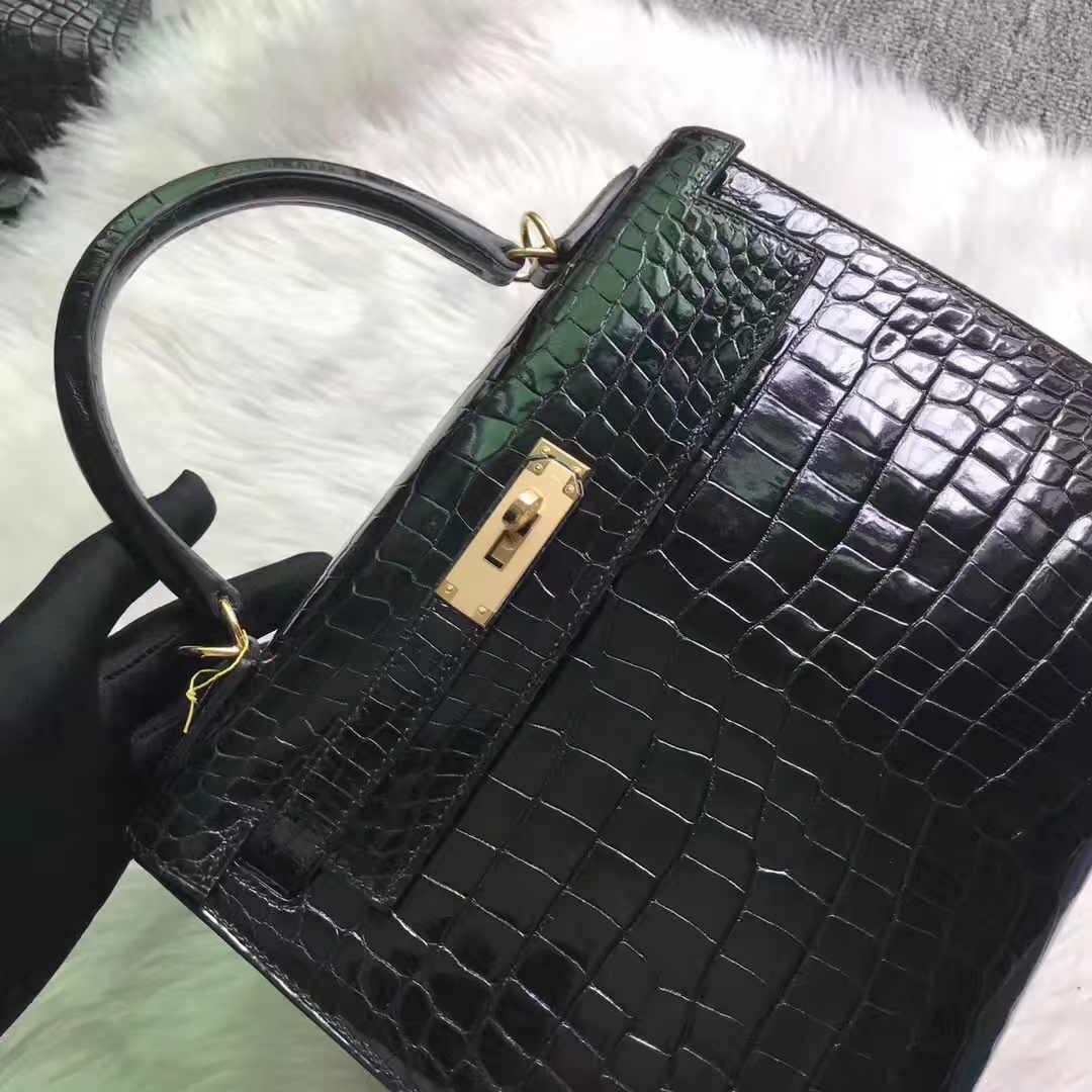 On Sale Hermes CK89 Black Porosus Shiny Crocodile Kelly28CM Bag Gold Hardware
