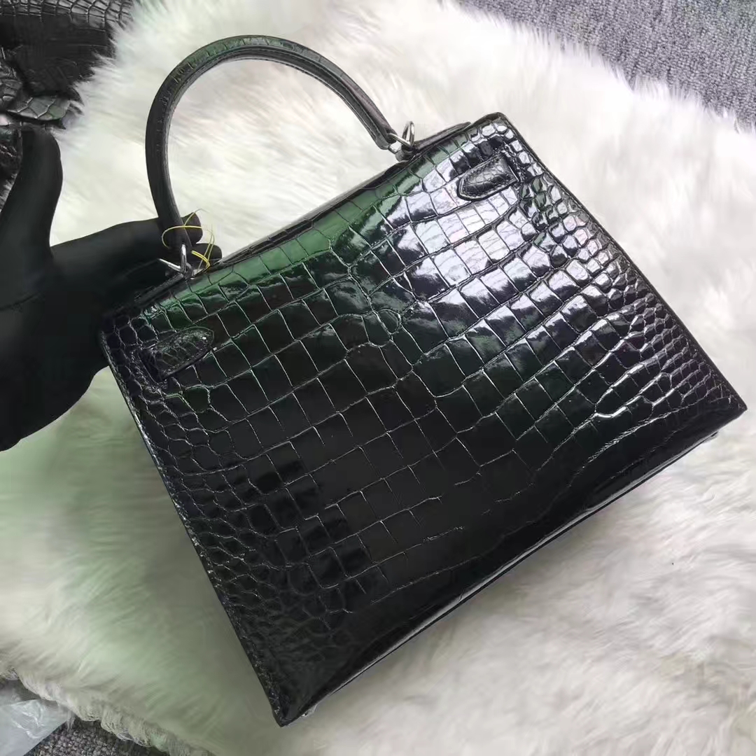 Elegant Hermes Porosus Shiny Crocodile Kelly Bag28CM in CK89 Black Silver Hardware