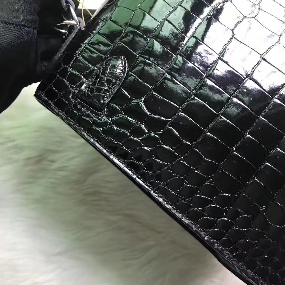 Elegant Hermes Porosus Shiny Crocodile Kelly Bag28CM in CK89 Black Silver Hardware