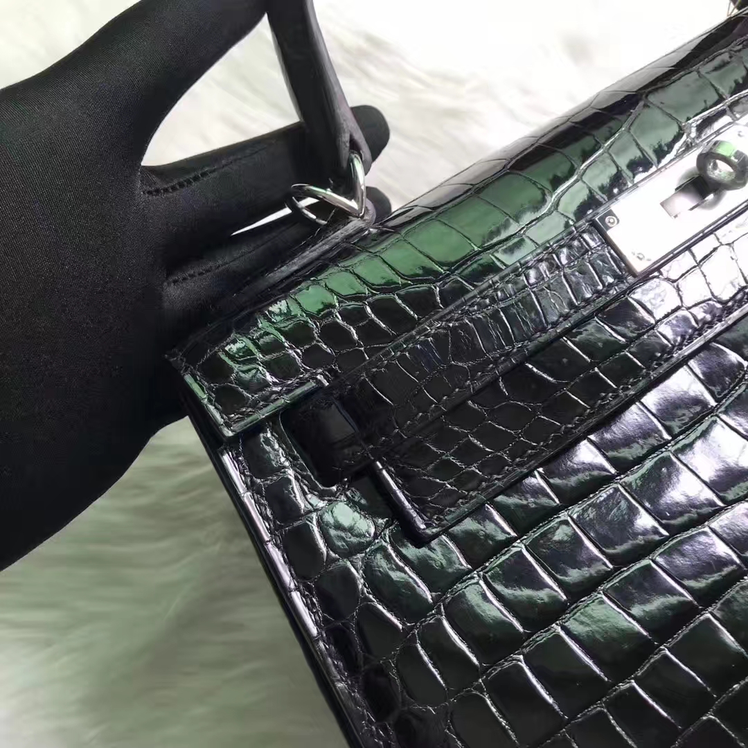 Elegant Hermes Porosus Shiny Crocodile Kelly Bag28CM in CK89 Black Silver Hardware