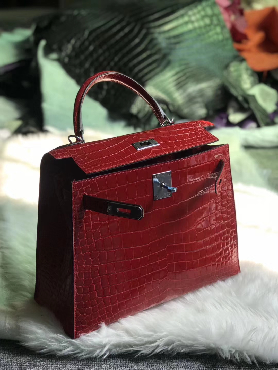 Sale Hermes CK95 Braise Red Porosus Shiny Crocodile Kelly Bag28CM