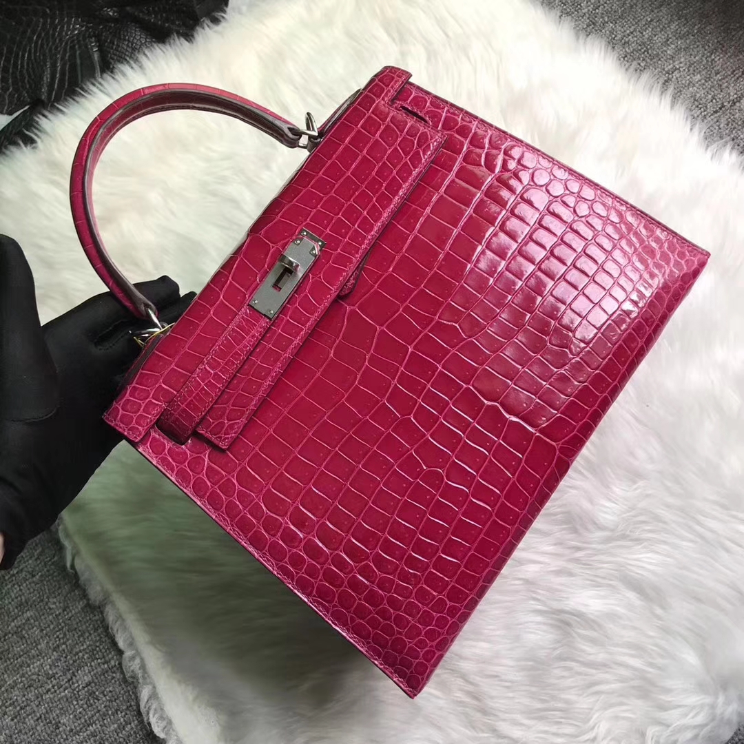 Fashion Hermes Shiny Crocodile Leather Kelly28CM in J5 Rose Scheherazade