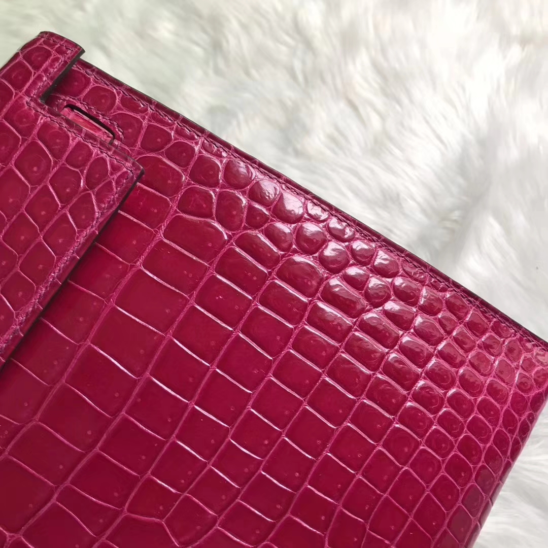 Fashion Hermes Shiny Crocodile Leather Kelly28CM in J5 Rose Scheherazade