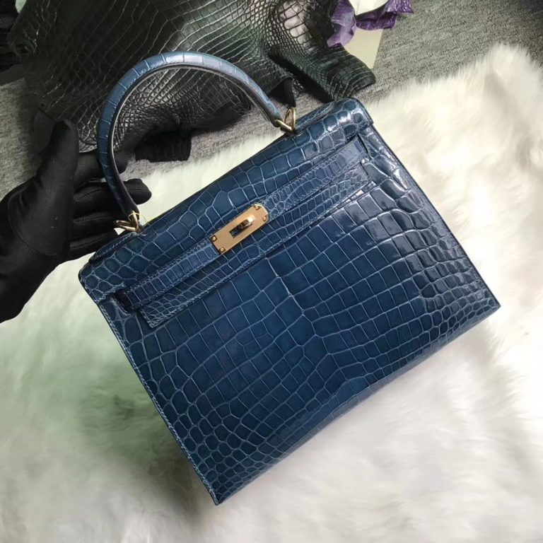Hermes 1P Dark Blue Shiny Crocodile Leather Kelly Bag 28CM