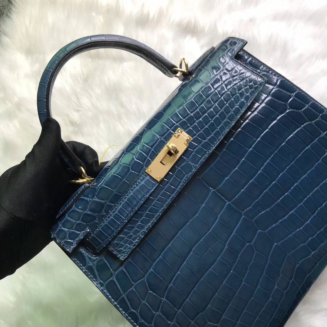 Wholesale Hermes 1P Dark Blue Shiny Crocodile Leather Kelly Bag28CM