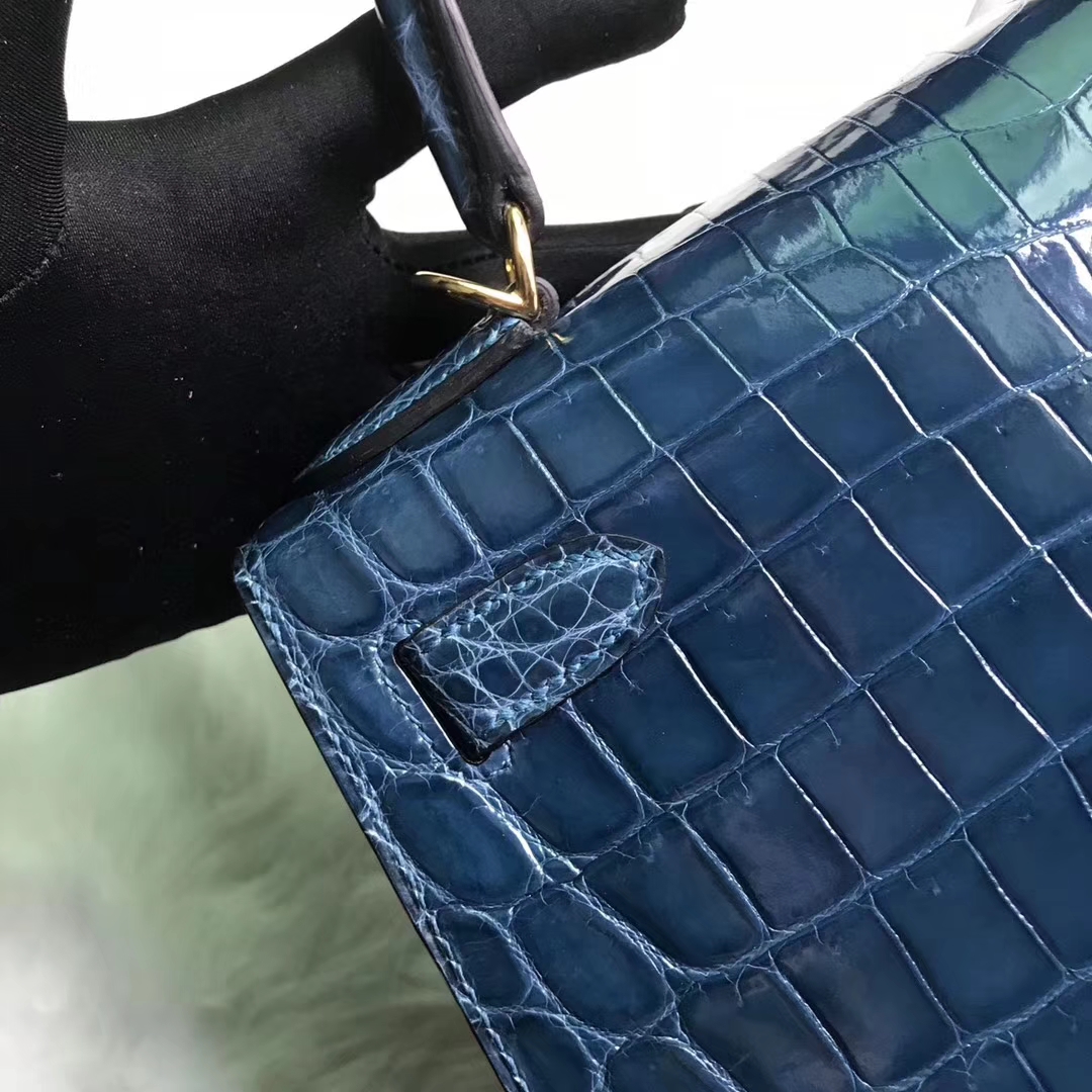 Wholesale Hermes 1P Dark Blue Shiny Crocodile Leather Kelly Bag28CM
