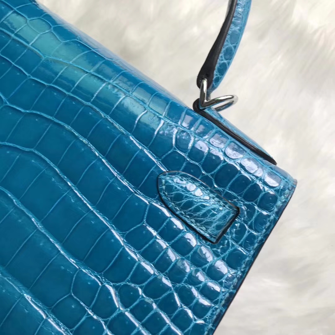 Discount Hermes 7W Blue Izmir Shiny Crocodile Leather Kelly Bag28CM