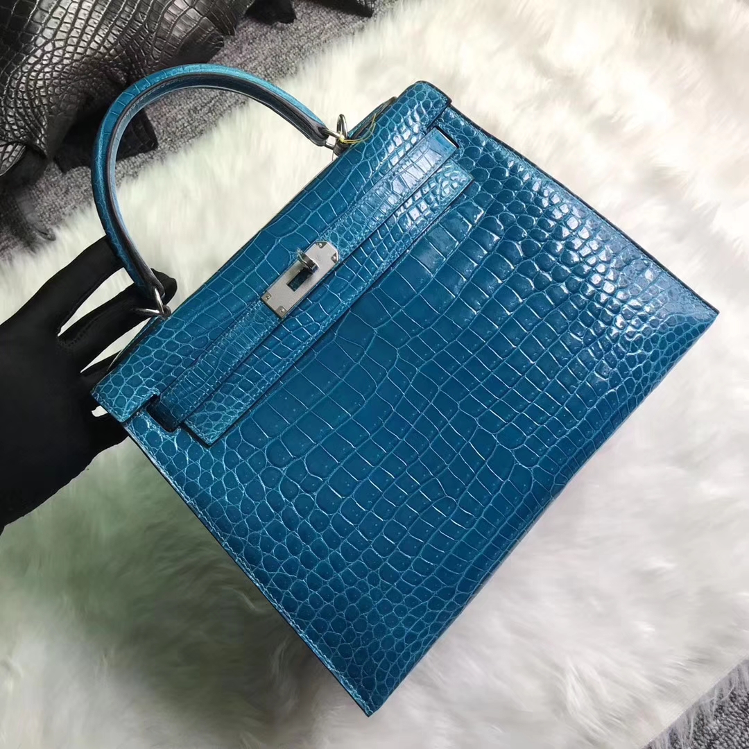 Discount Hermes 7W Blue Izmir Shiny Crocodile Leather Kelly Bag28CM