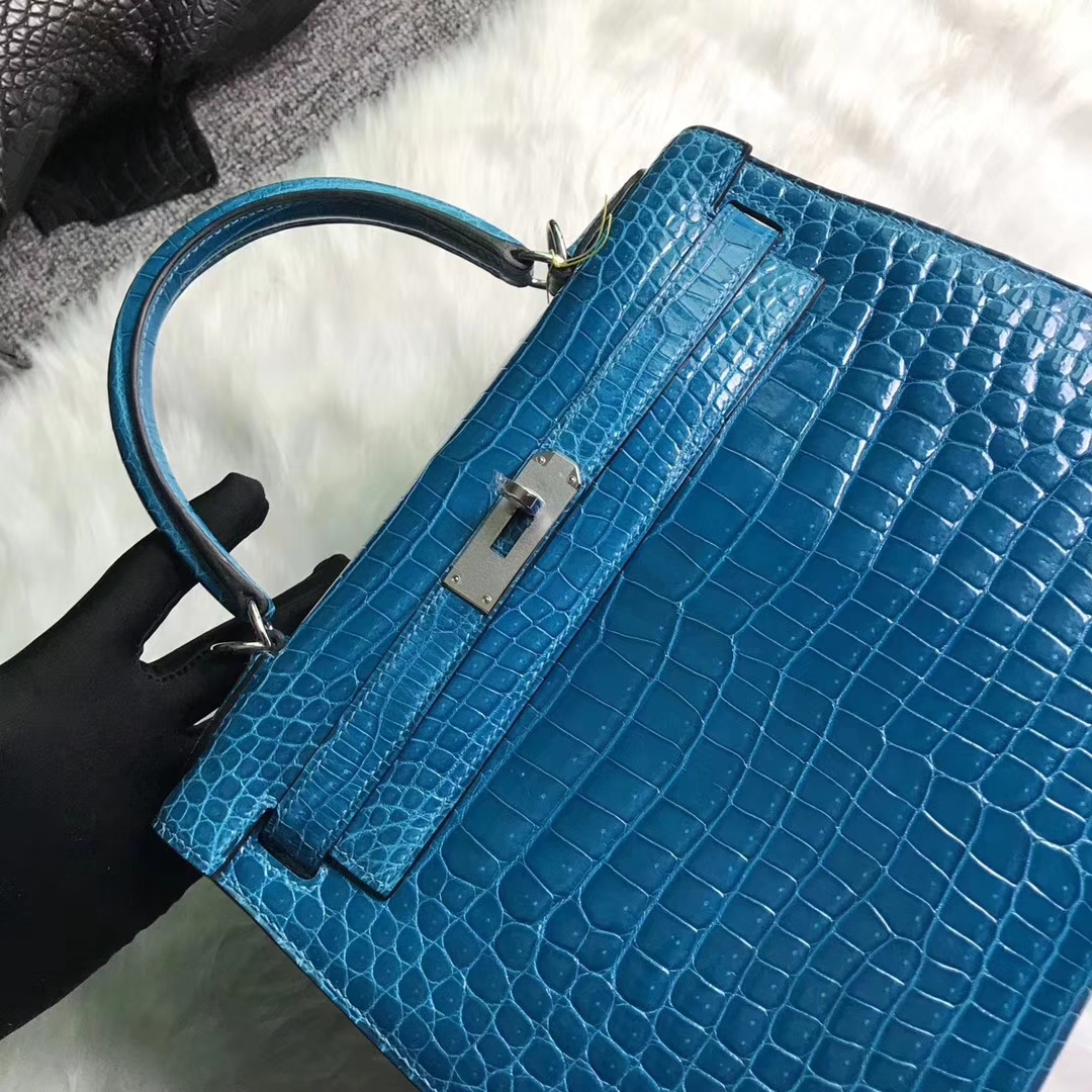 Discount Hermes 7W Blue Izmir Shiny Crocodile Leather Kelly Bag28CM