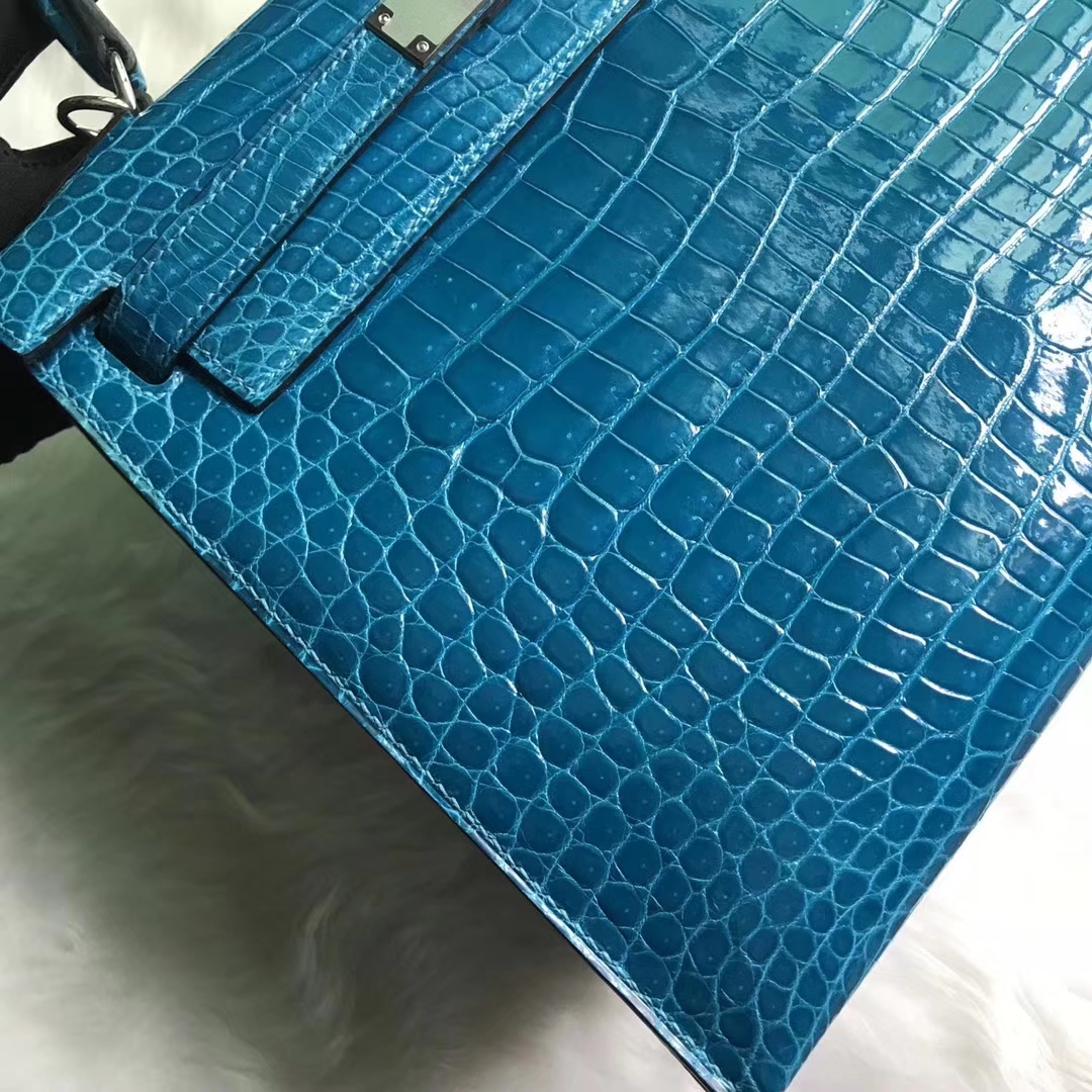 Discount Hermes 7W Blue Izmir Shiny Crocodile Leather Kelly Bag28CM