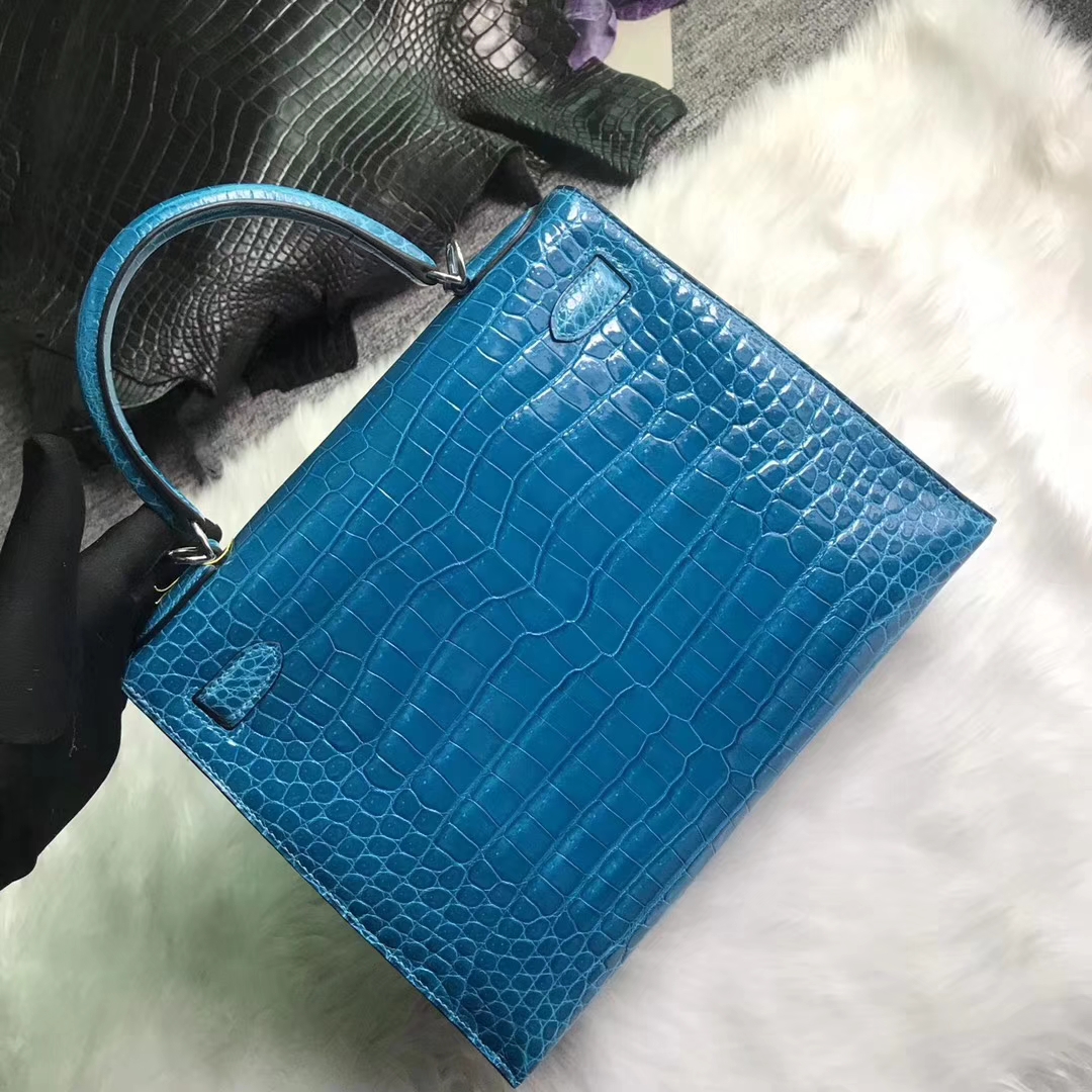Discount Hermes 7W Blue Izmir Shiny Crocodile Leather Kelly Bag28CM