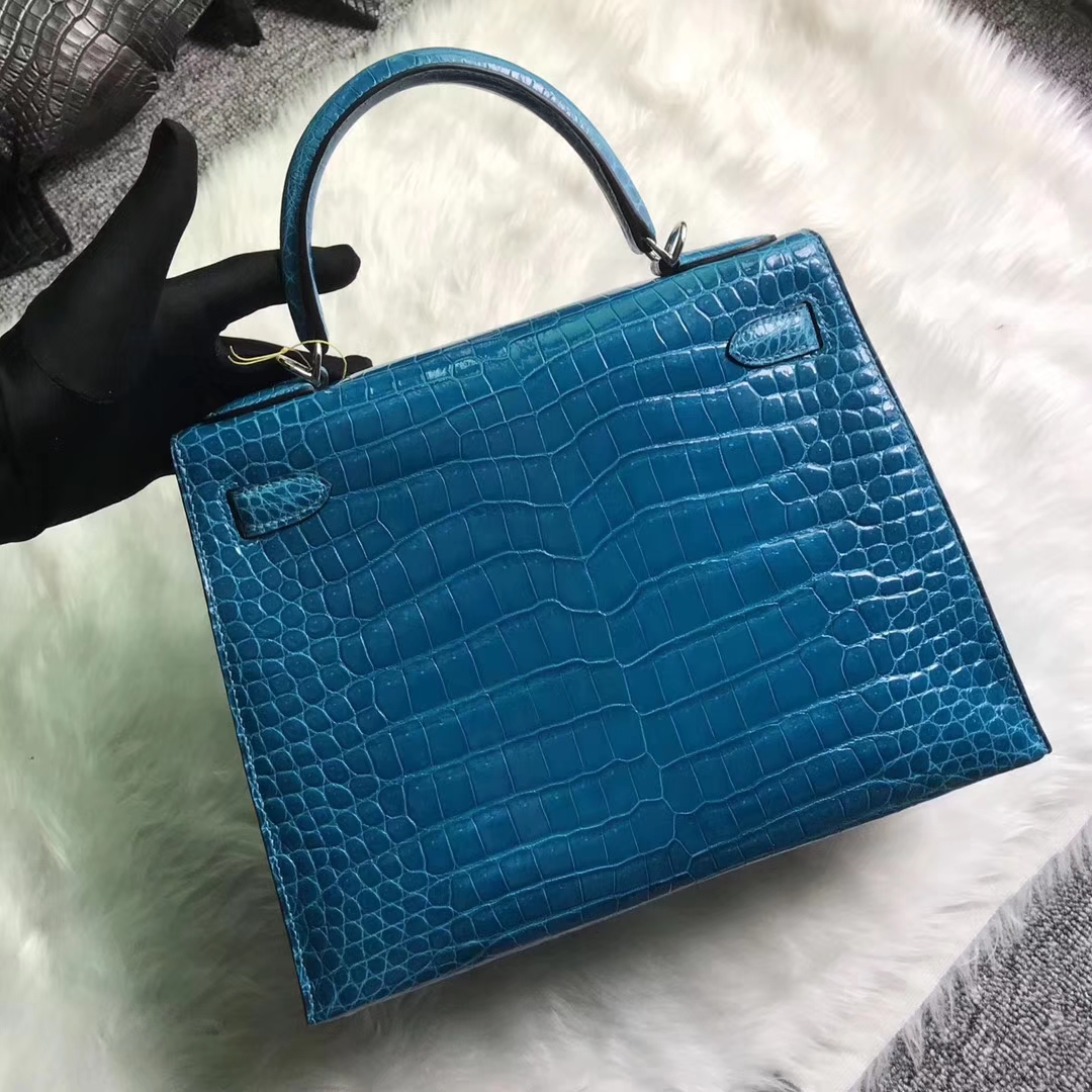 Discount Hermes 7W Blue Izmir Shiny Crocodile Leather Kelly Bag28CM