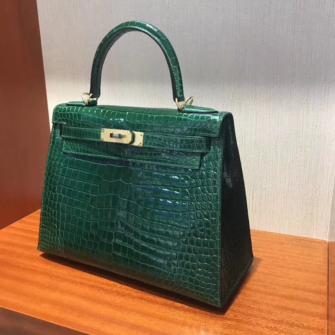 Luxury Hermes CK67 Vert Fonce Shiny Crocodile Leather Kelly Bag28CM
