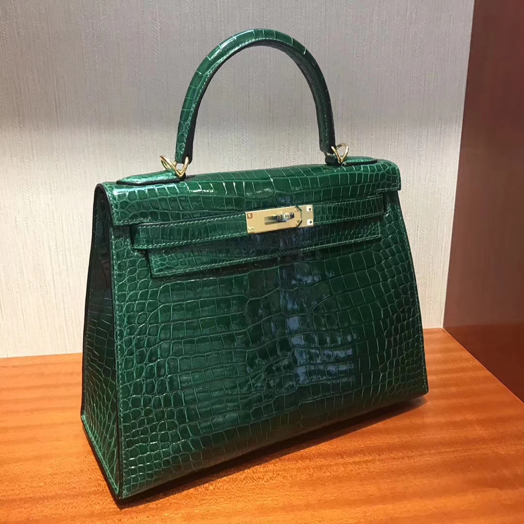 Luxury Hermes CK67 Vert Fonce Shiny Crocodile Leather Kelly Bag28CM
